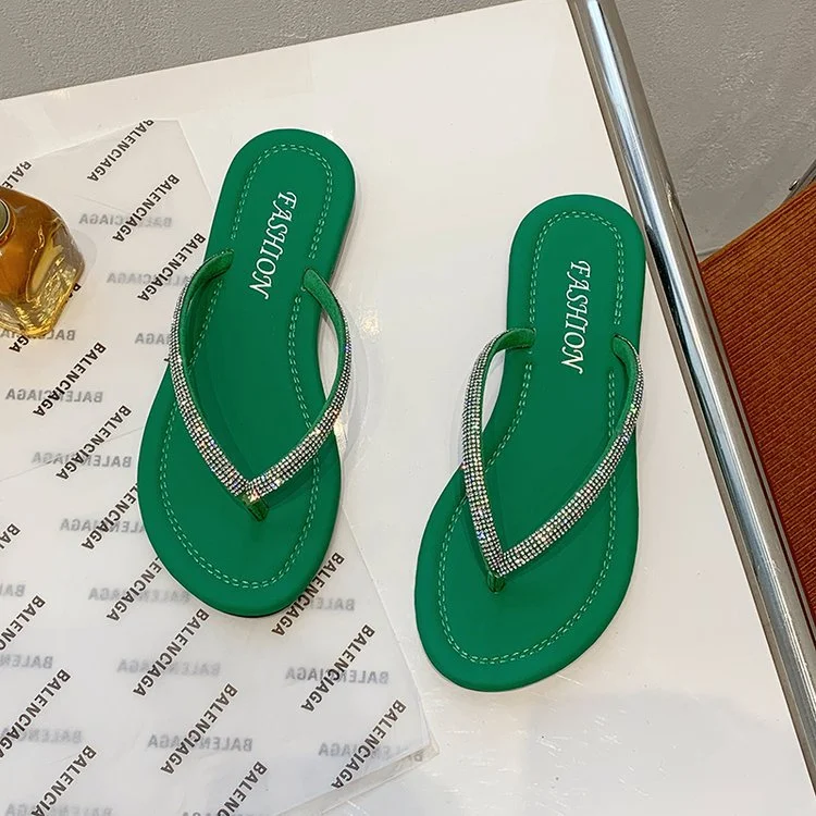 Churchf Churchf Celebrity Rhinestone Clip Summer 2023 Korean Flat Drag Candy Color Fairy Shoes To Wear Women's Slippers