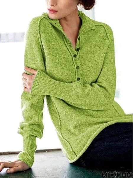 V-Neck Solid Color Long Sleeve Pullover Women Sweater