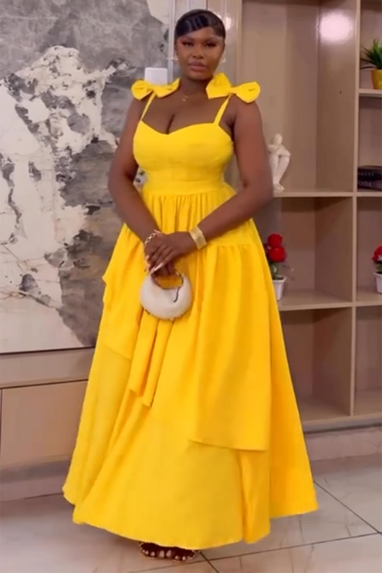 Bow Decor Cami Gathered Layered Hem Party Maxi Dresses-Yellow