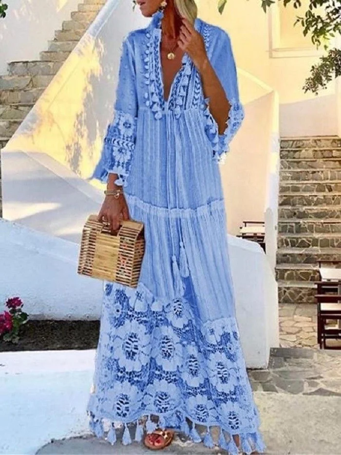 Tassel Sexy Boho Long Dress Women 2019 Fall Solid Hollow Out V-Neck Lace sexy Dresses bohemian style Plus Size Dress vestidos
