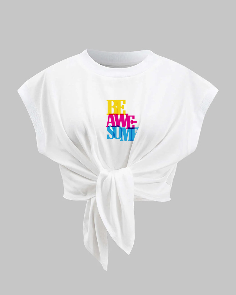 Women Plus Size Pleated Lace-up Be Awesome Letter Print Short Sleeve T-shirt