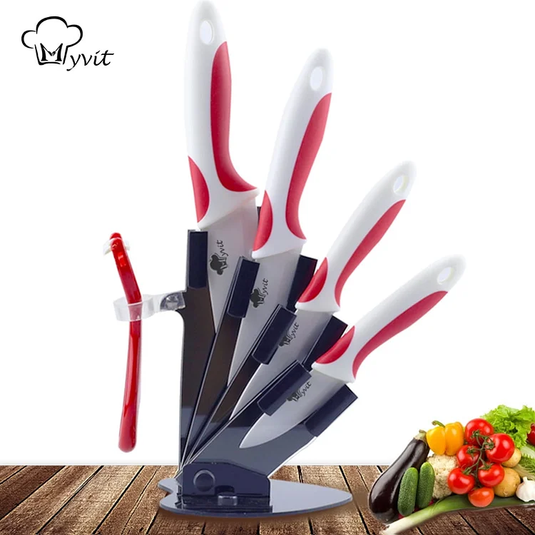 MYVIT Ceramic Knife Set with Stand, 3" 4" 5" 6" Chef Knife Peeling Slicing Kitchen Knife Set with Sheath and Peeler, Healthy Stain and Rust Resistant with Soft Grip Handle
