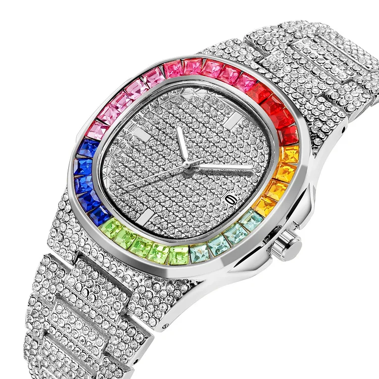 Rainbow Hiphop Jewelry Iced Out Men Watch-VESSFUL