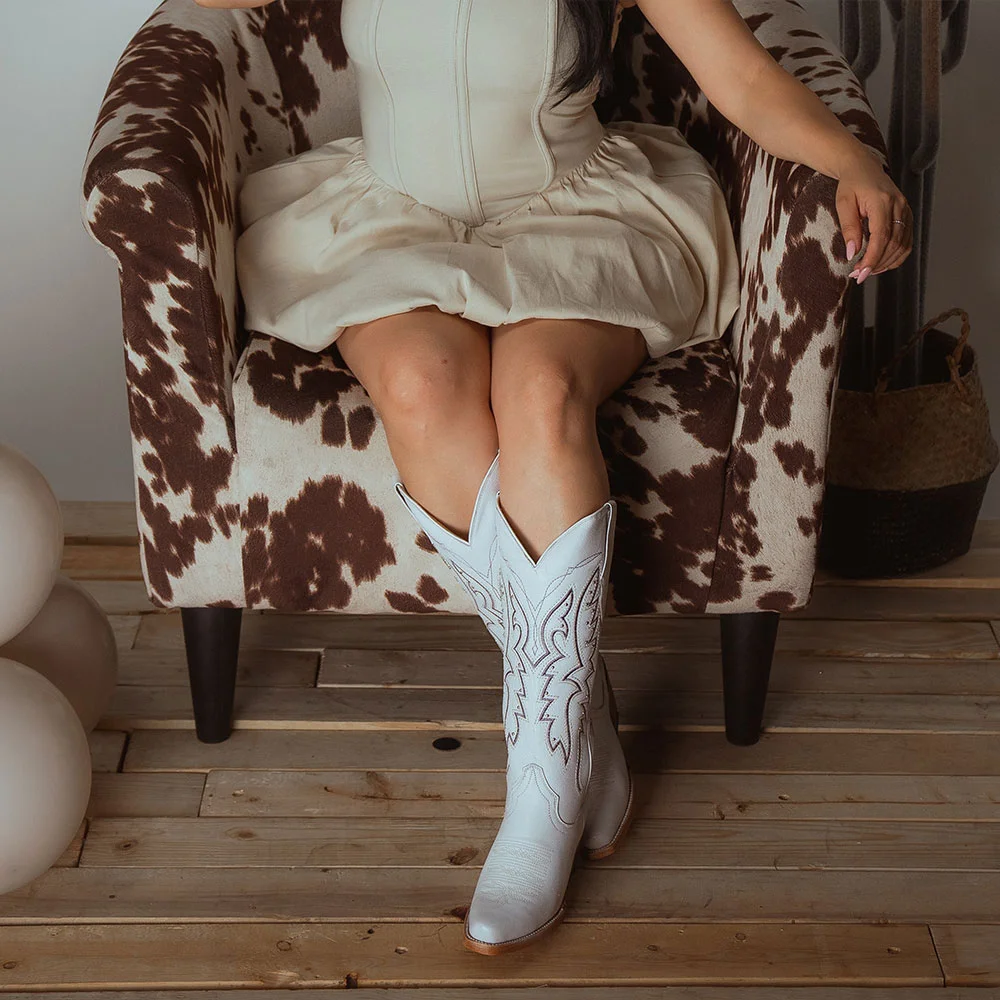 White Snip Toe Chunky Heel Embroidered Studded Mid-Calf Cowgirl Boots