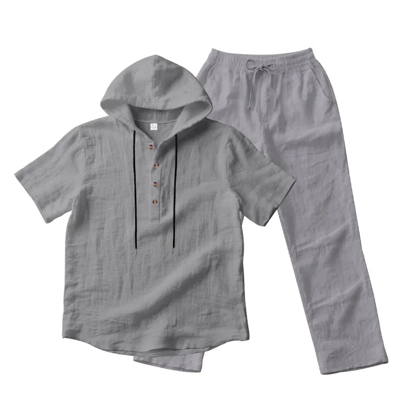 Men’s Summer Short Sleeve Shirt Set Lightweight Premium Linen Hooded Shirt & Loose Straight-Leg Pants Set