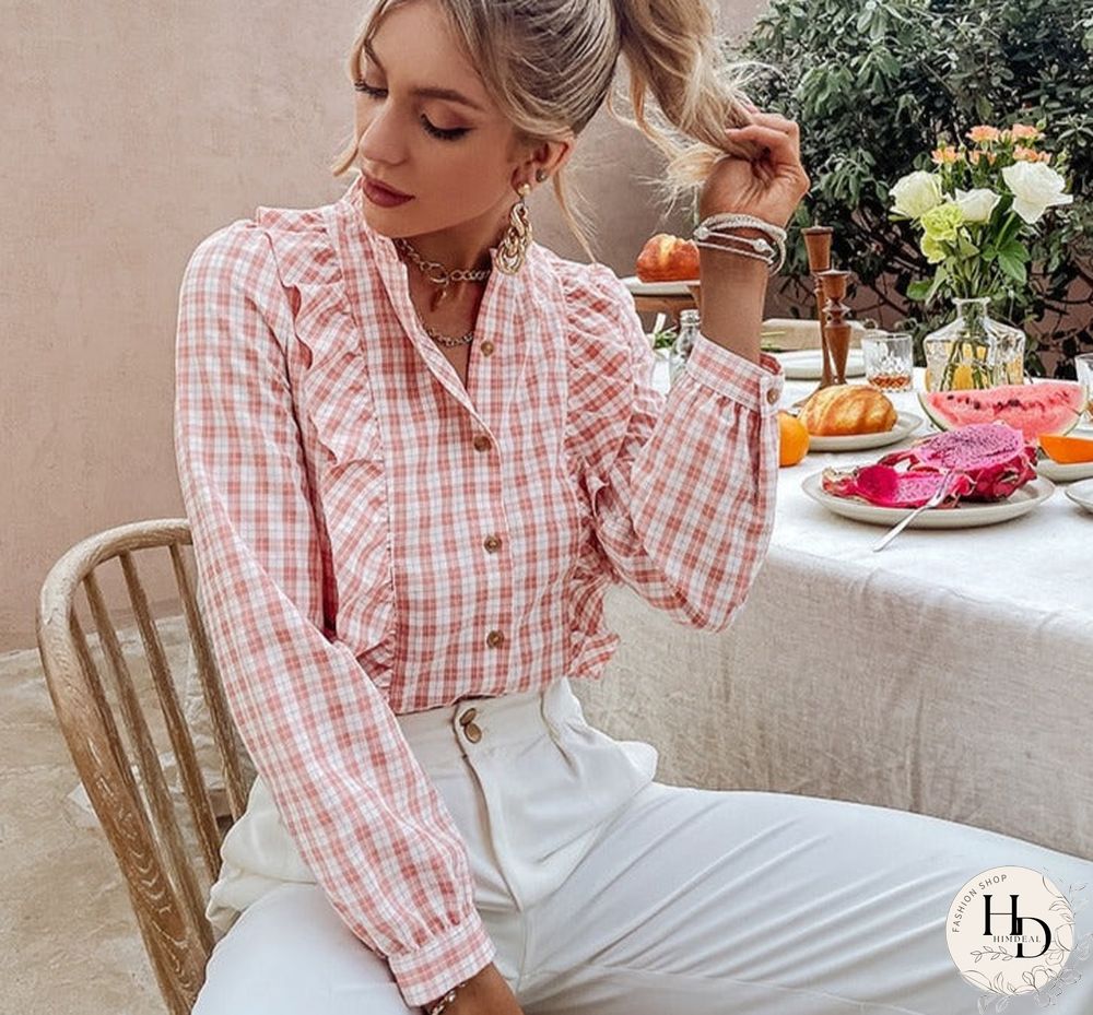 Holiday plaid summer blouse shirt light pink Idyllic style ruffle female shirts Stand collar long sleeve women's tops