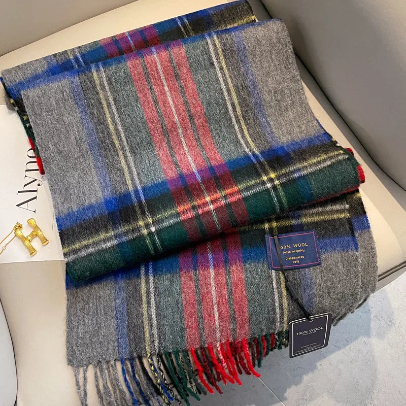 100% Wool Scarf Men’s Winter Cashmere New Red Gift Box Packaging Gray Men’s Plaid Scarf