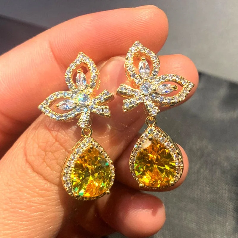 Huitan Two Colors Butterfly Earrings Women Yellow Color Water Drop CZ Pendent Wedding Bands Jewelry Luxury Gift Dangle Earrings
