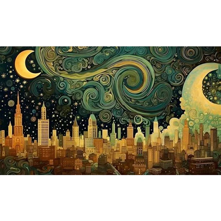 【Huacan Brand】City Under The Moon 18CT Stamped Cross Stitch 50*30CM