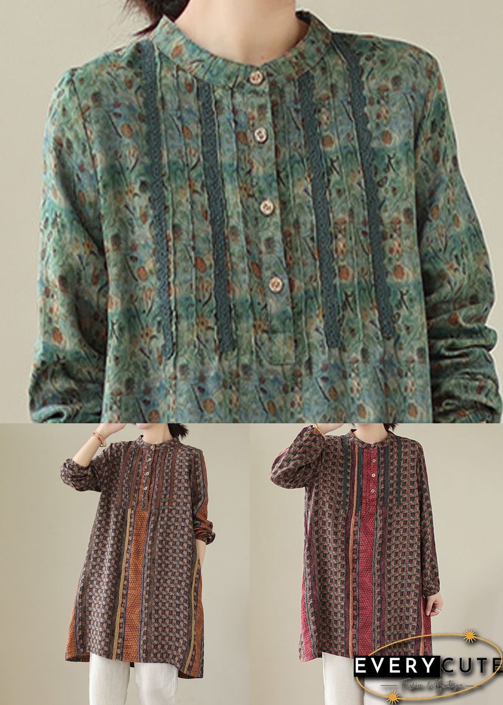 Green Patchwork Cotton Mid Shirts Dress Wrinkled Long Sleeve