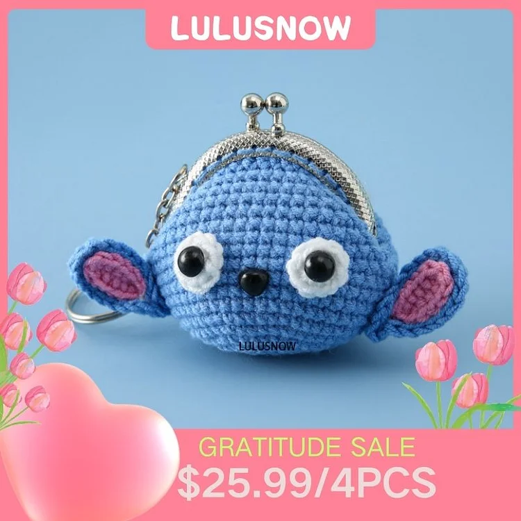 Lulusnow Handmade Blue Stitch Crochet Coin Purse Keychain Bag Pendant Gift for Her/Friend/Kids/Christmas/Easter