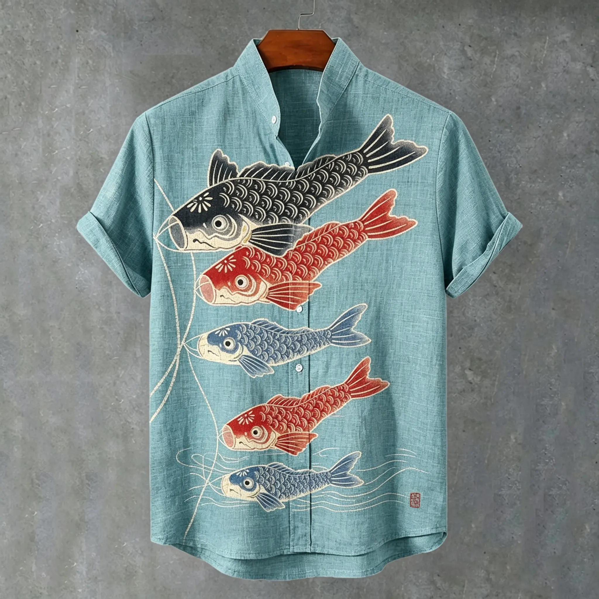 Men's Retro Japanese Art Fish Print Cotton Linen Short-sleeve Shirt  artssus