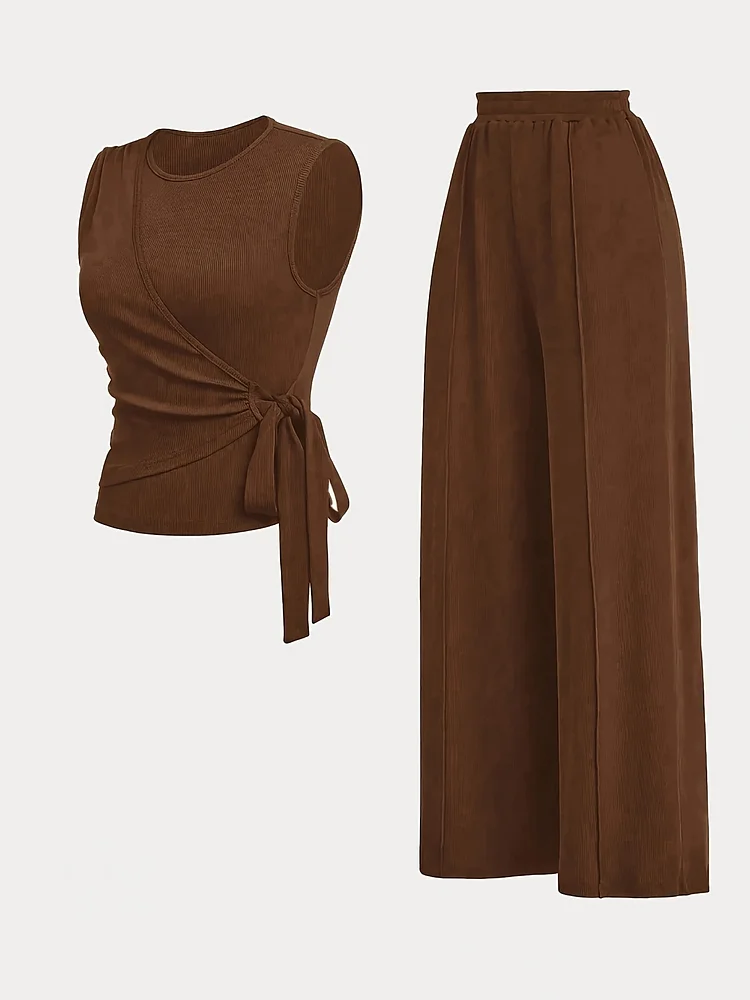 2pcs/Set Women's Solid Color Round Neck Sleeveless Top Pants Set - Casual Round Neck Sleeveless Top & Wide-Leg Pants, Women's Pants Set, Vacation, Daily And Ourdoor, Machine Washable, Spring/Summer Collection