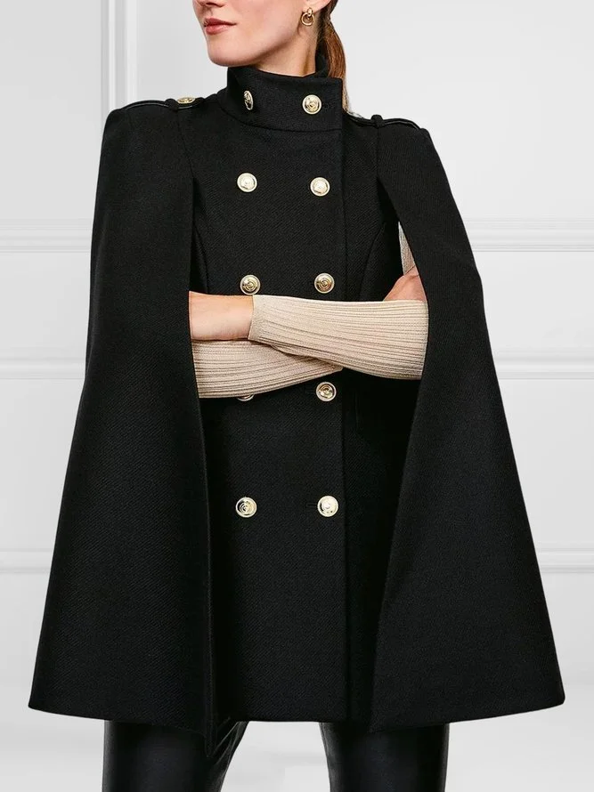 Loose Buttoned Solid Color Stand Collar Woolen Coat Cape Coats