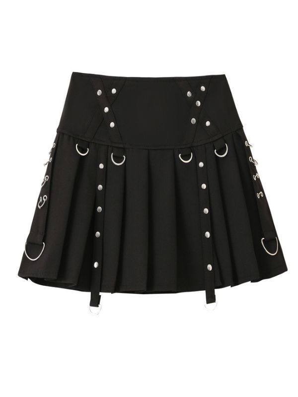 Punk Rivets Pleated High-rise Paneled Skirt