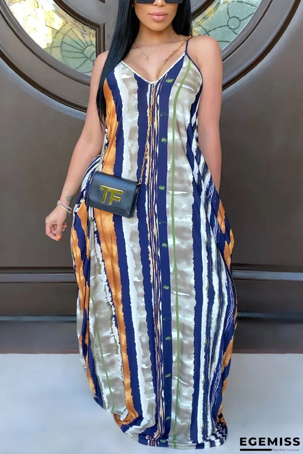 Dark Blue Sexy Striped Printed Sling Loose Dress | EGEMISS