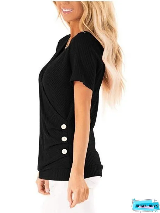 Short Sleeve V Neck Wrap Knit Top Hem Button T-Shirt