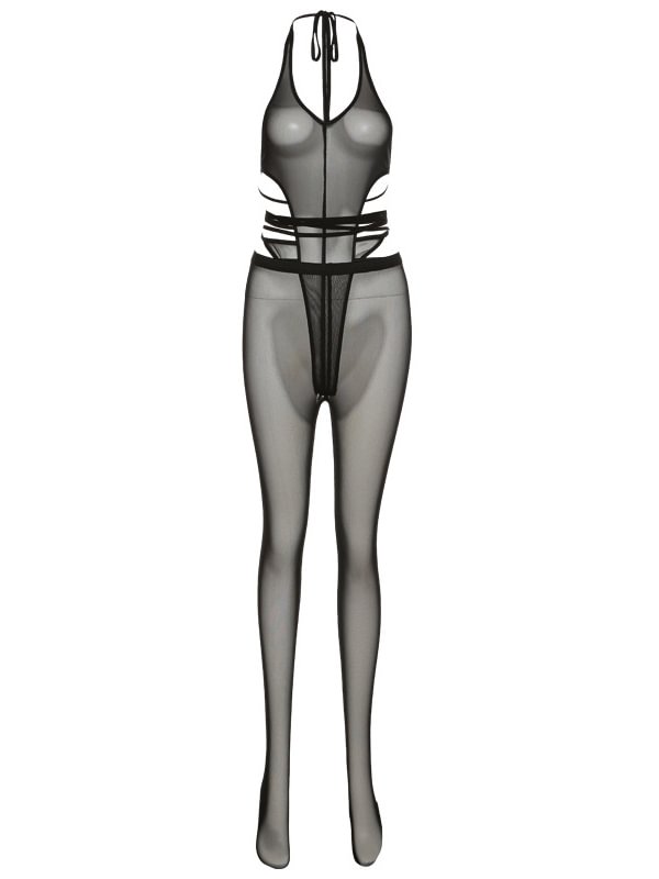 Mesh Lace Up Neck Hanging Stockings Suit