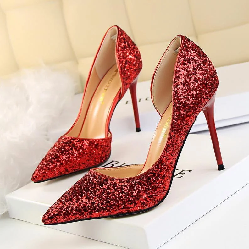Sexy stiletto high-heeled shallow pointy side hollow sequin single shoes