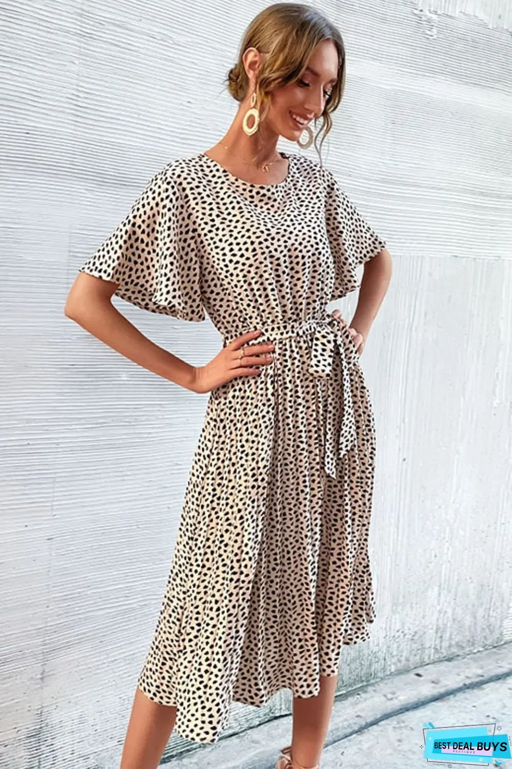 Animal Print Tie-Waist Pleated Dress