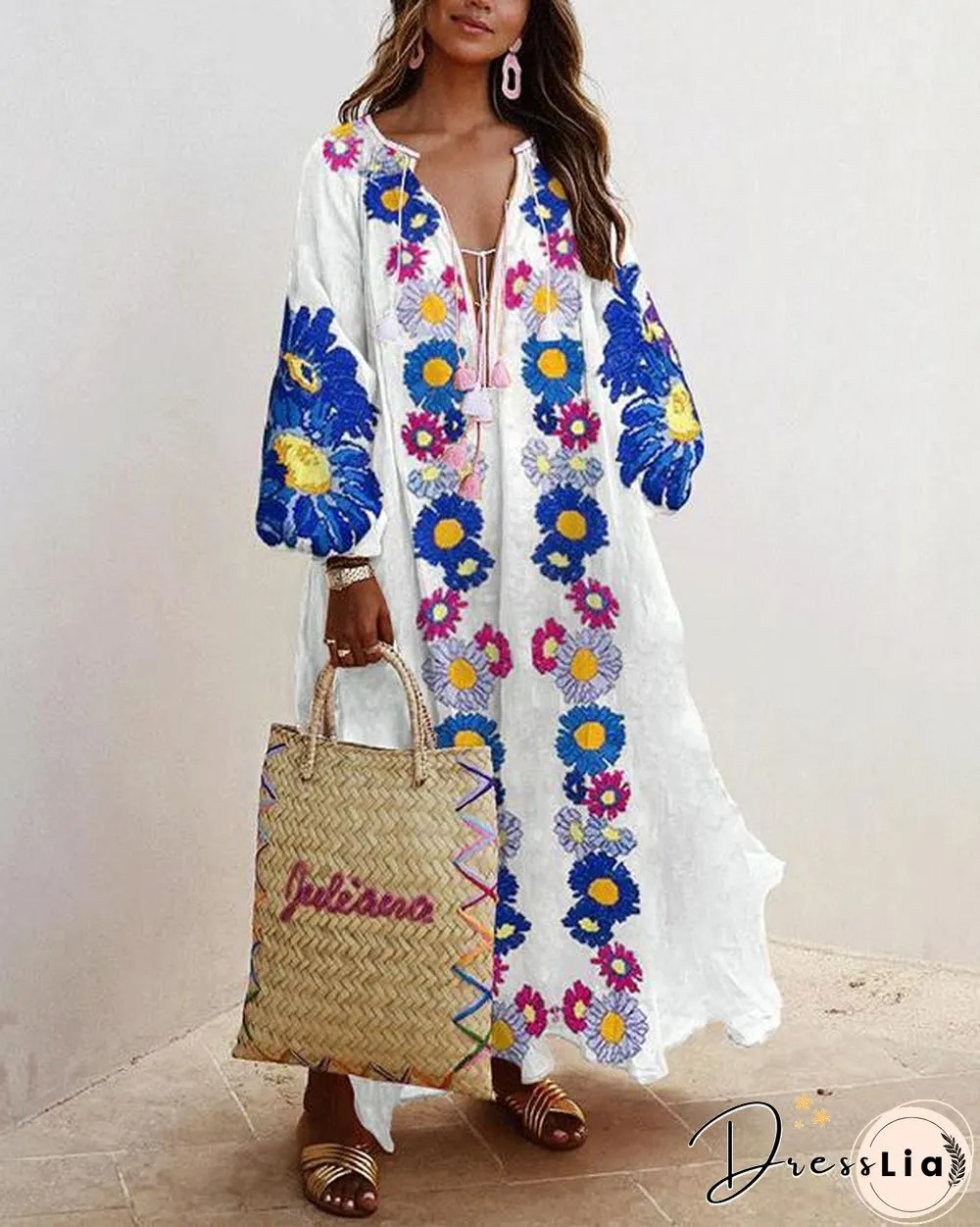 Plus Size Dress Balloon Sleeves Boho Printed Maxi Dresses