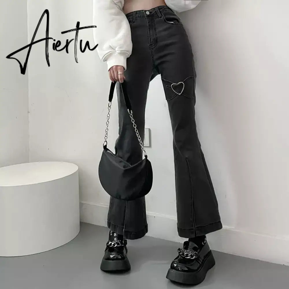 Jeans for Women Vintage Black Denim Flare Pants Streetwear High Waist Slim Mom Trouser Harajuku Y2K Pants Aiertu