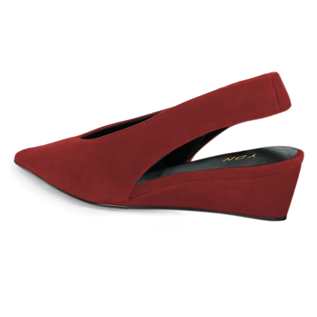 Dark Red Pointed Toe Slingback Strappy Classy Pumps with Wedge Heel