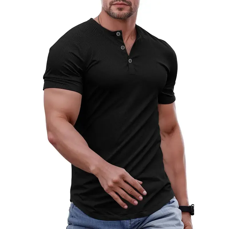 Men's black slim fit henley shirt