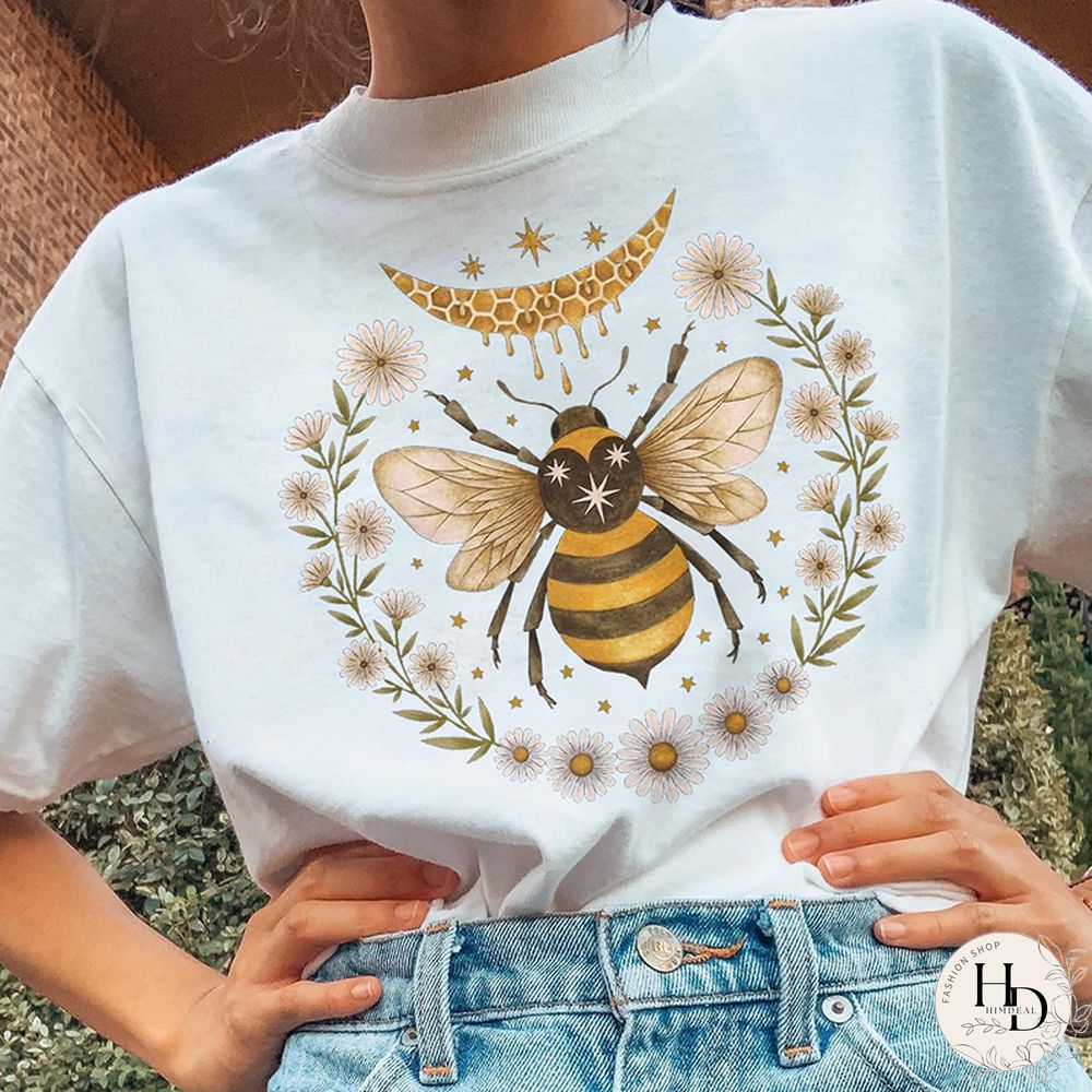 Vintage Round Neck Short-Sleeved Bee Flower Print Tee
