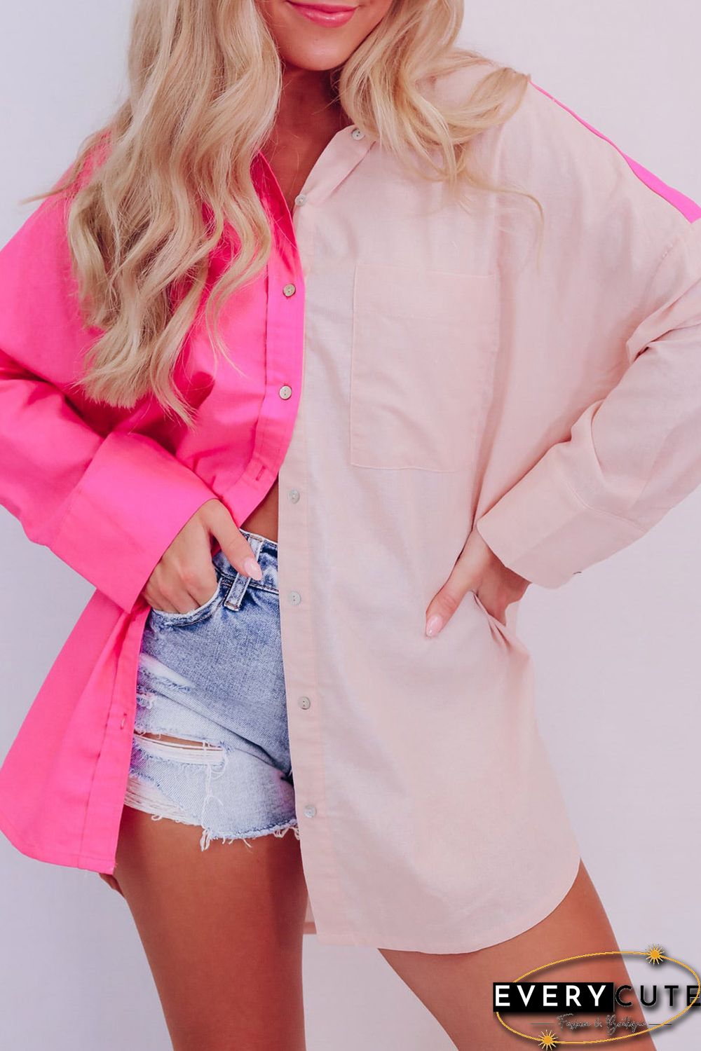 Pink Color Block Patchwork Oversized Shirt