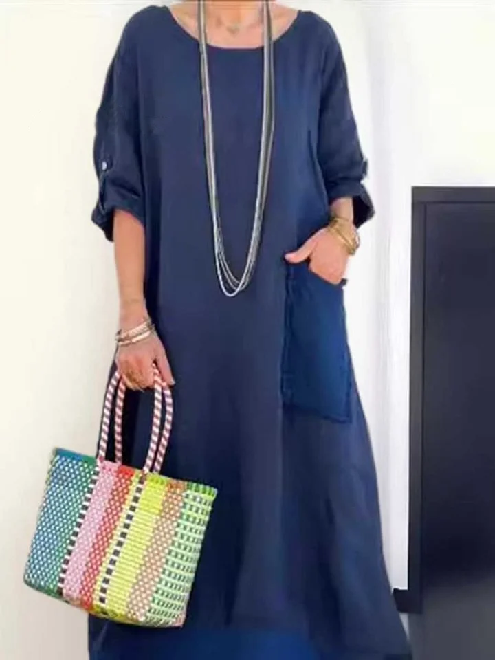 Women's Round Neck Three-quarter Sleeve Solid Color Pocket Cotton Dress