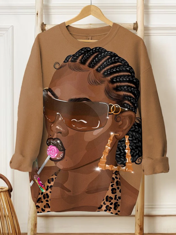 Women's Cool Black Girl Eating Lollipop Art Print Casual Sweatshirt