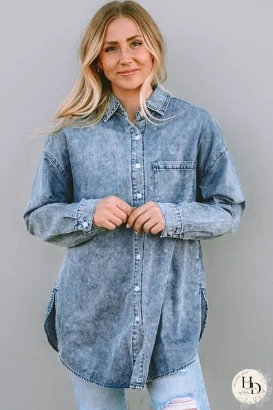 Button Up Dropped Shoulder Denim Top