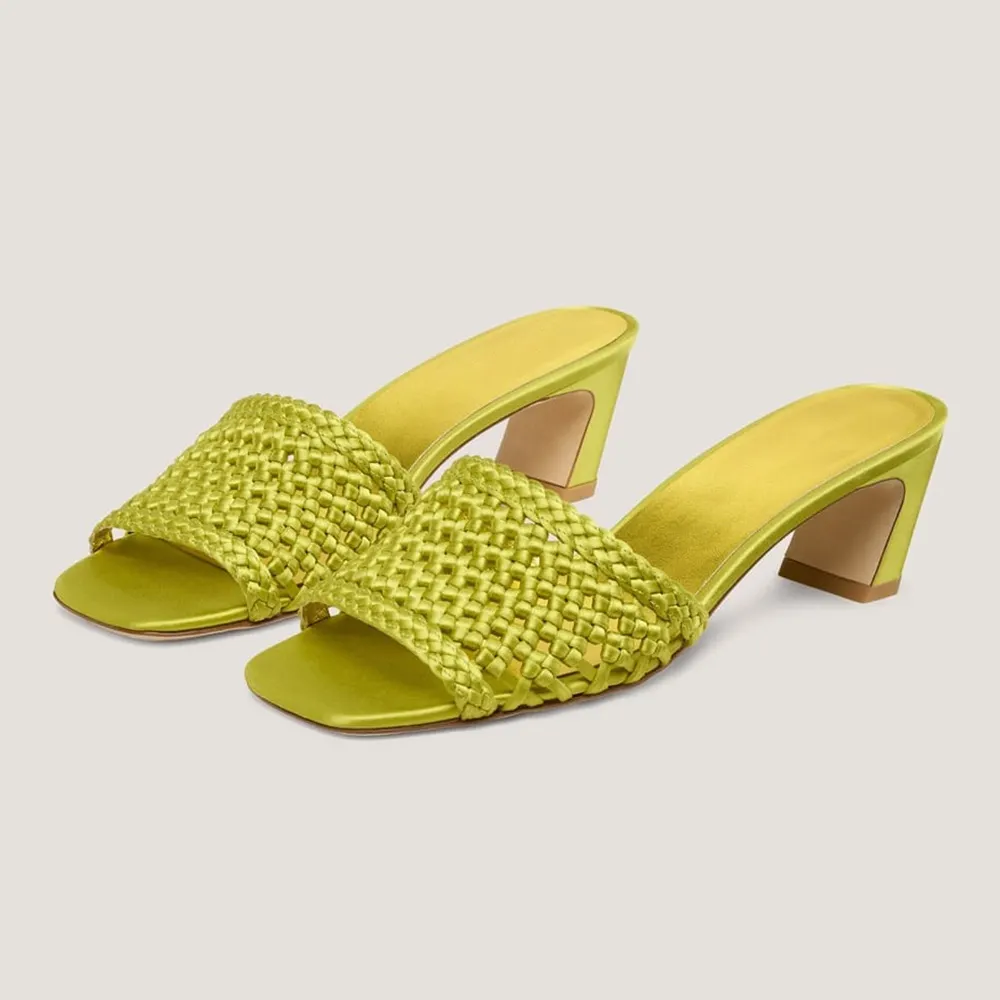 Lime Satin Woven Slip On Square Toe Block Heel Mules Sandals