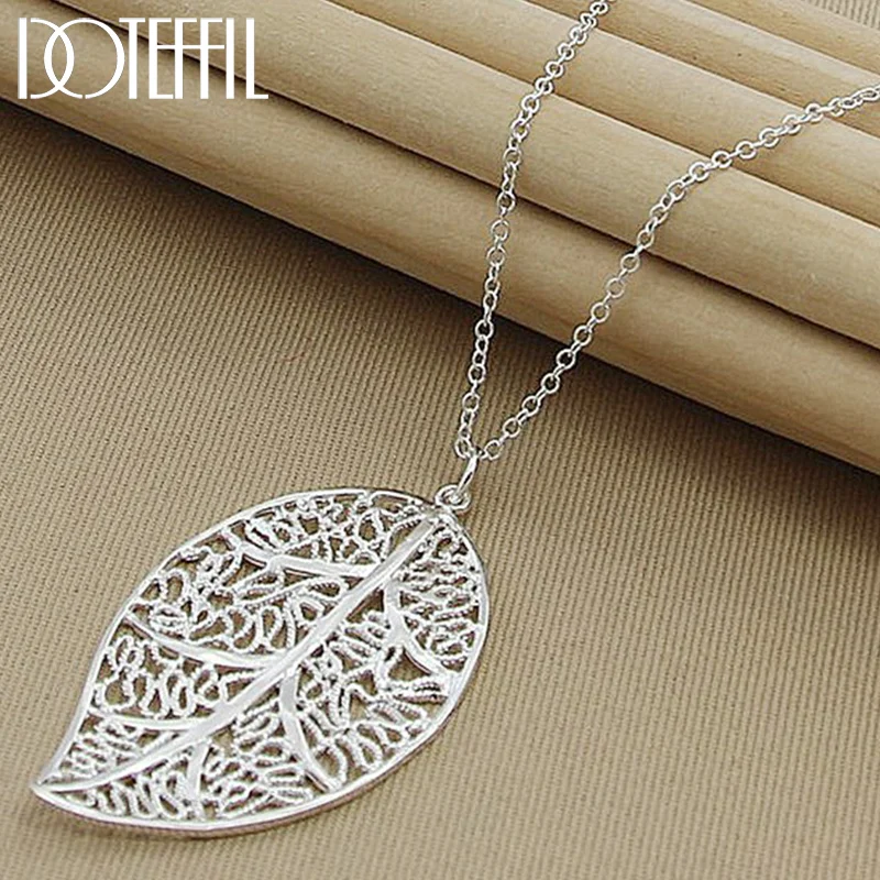 DOTEFFIL 925 Sterling Silver Big Leaf Pendant Necklace 18 Inch Chain For Women Jewelry
