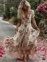 Women's Vintage Floral Embroidery Art Comfy Linen Maxi Dress