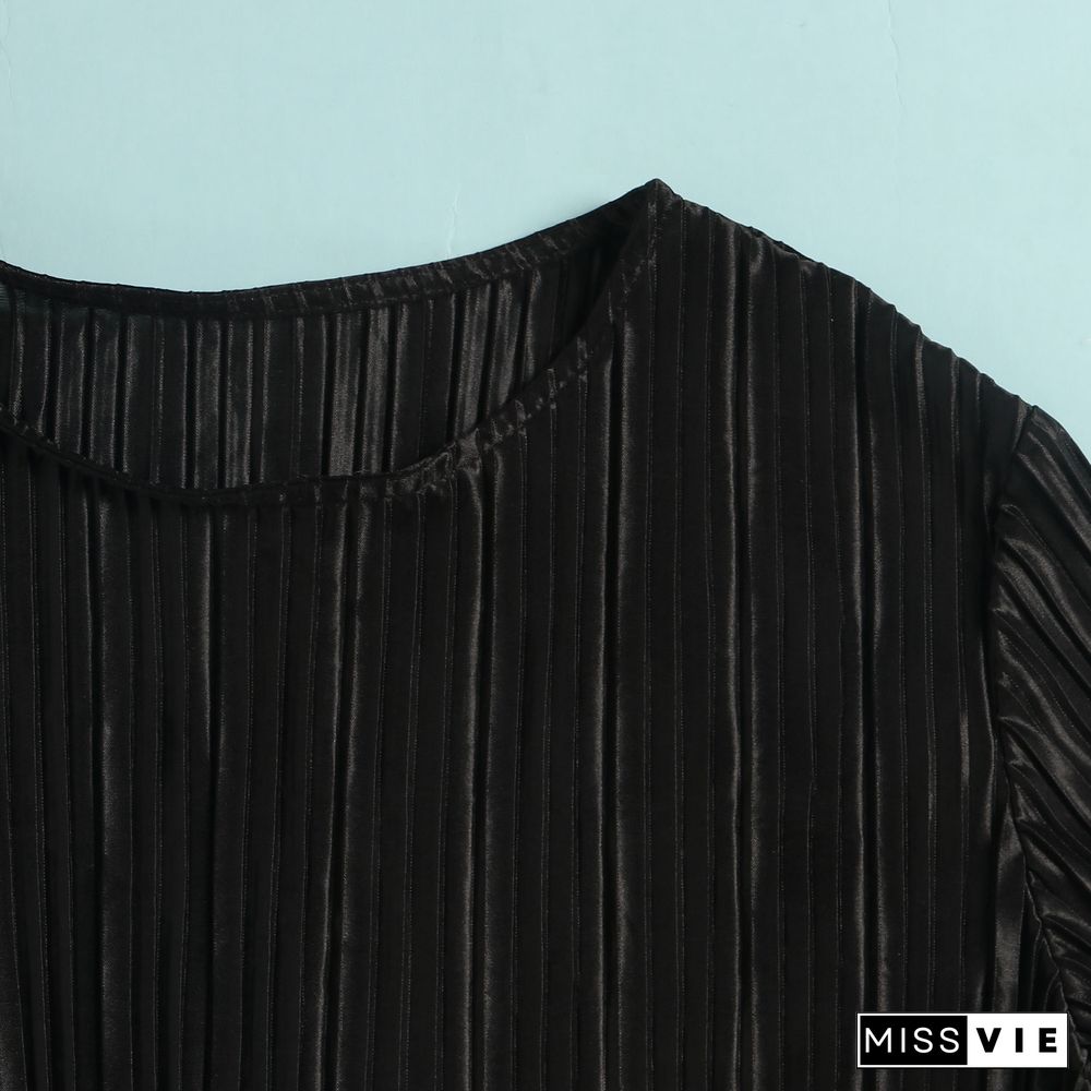 Pleated Loose Blouse Crop Top Wide Leg Pants Outfits