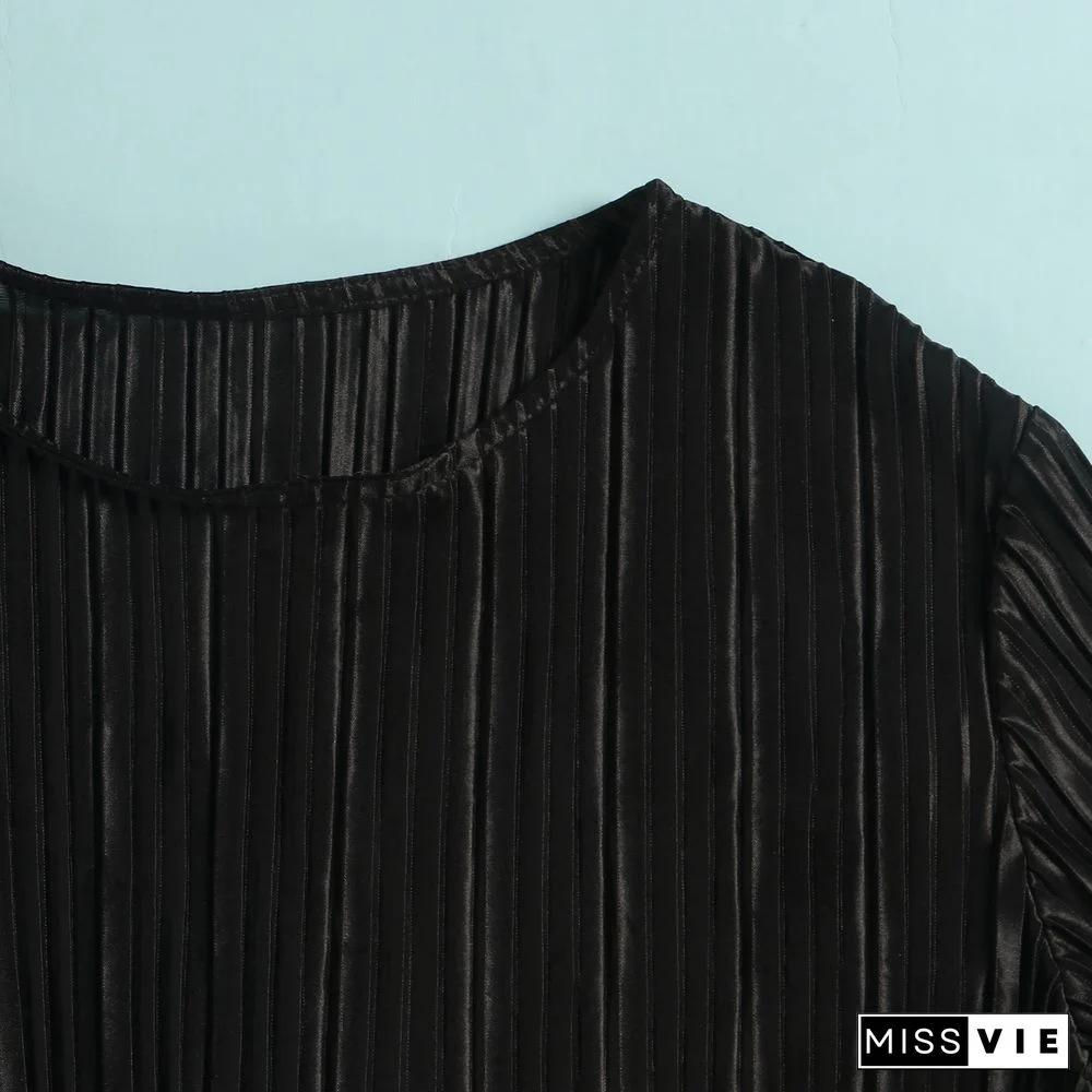 Pleated Loose Blouse Crop Top Wide Leg Pants Outfits