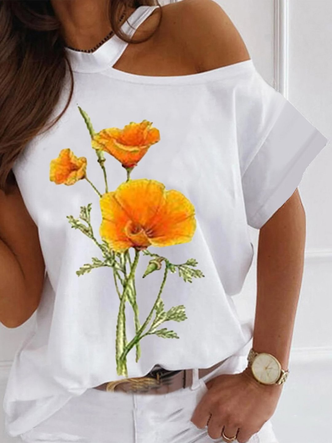 Flower Print Off-Shoulder Halterneck T-Shirt
