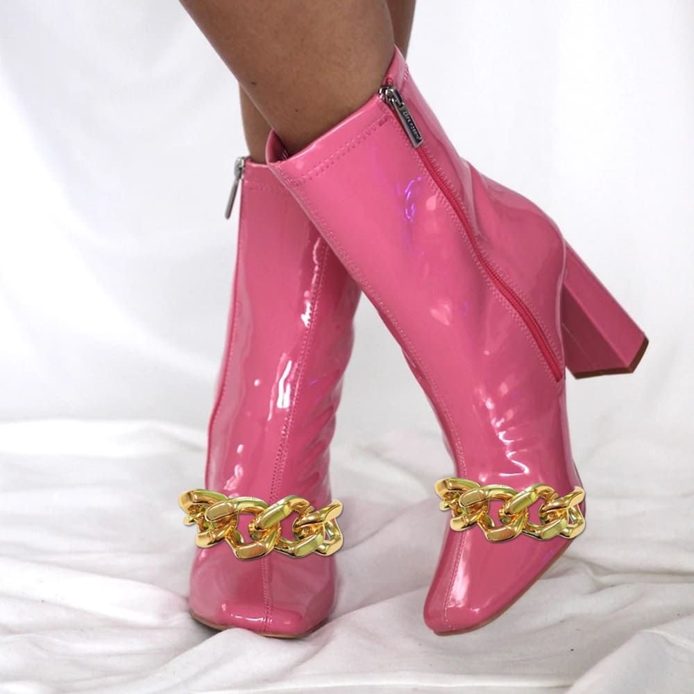 Pink Patent Leather Square Chunky Heels Golden Chain Mid Calf Boots Nicepairs