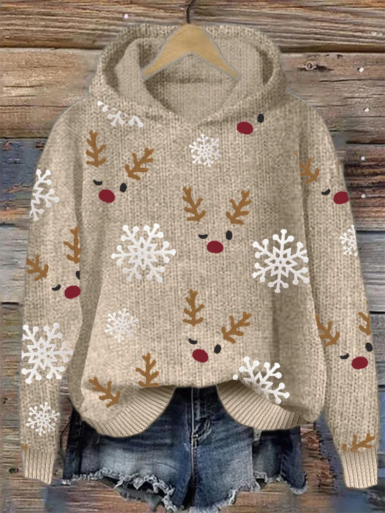Christmas Reindeer Faces & Snowflakes Cozy Knit Hoodie