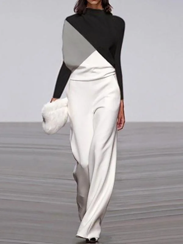 Black and white color matching long-sleeved creative jumpsuit