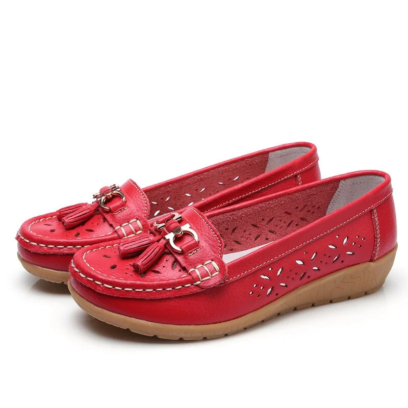 2020 New Summer Leather Women's Shoes Moccasins Platform Shoes Soft Boat Shoes Fashion Cutout Flats Casual Low Heel Nurse Shoes