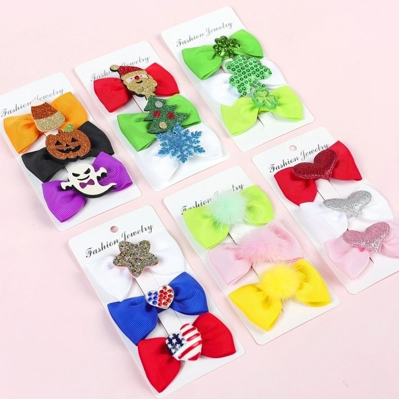 Halloween Christmas Independence Day Ethnic Style Kid’S Halloween Pattern Santa Claus American Flag Sequins Knitting Bowknot Hair Clip