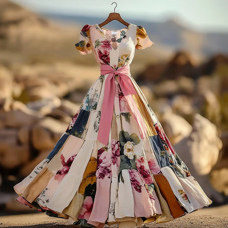 Vintage Floral Patchwork Art Pattern Art  V-neck Midi Dress