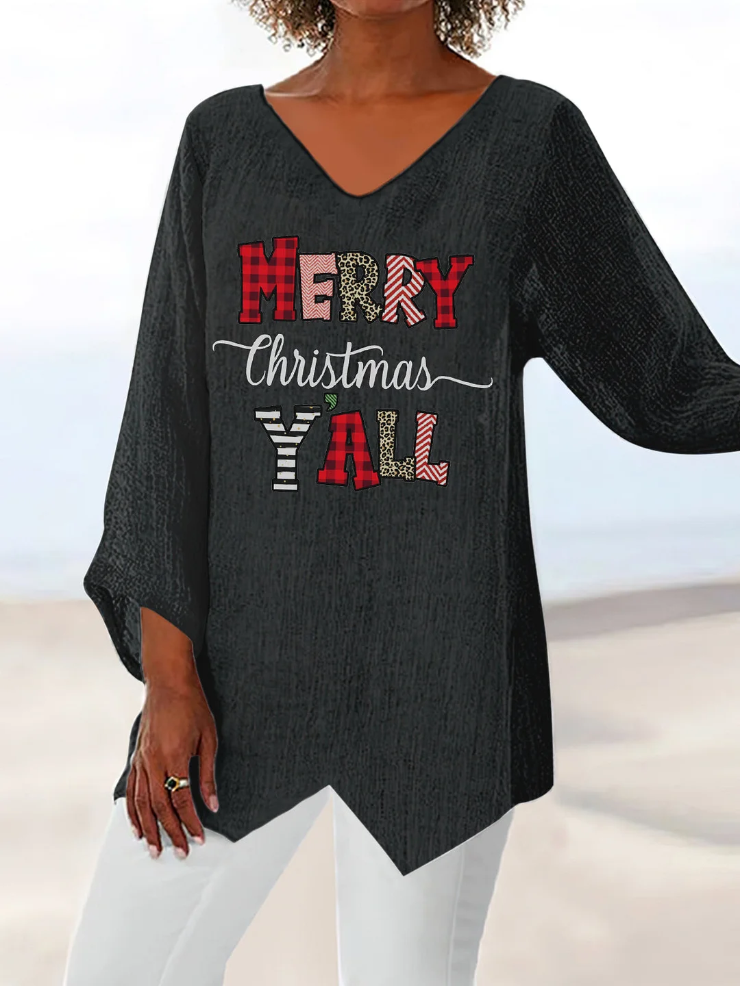 Merry Christmas Y'all Print V-Neck Tops