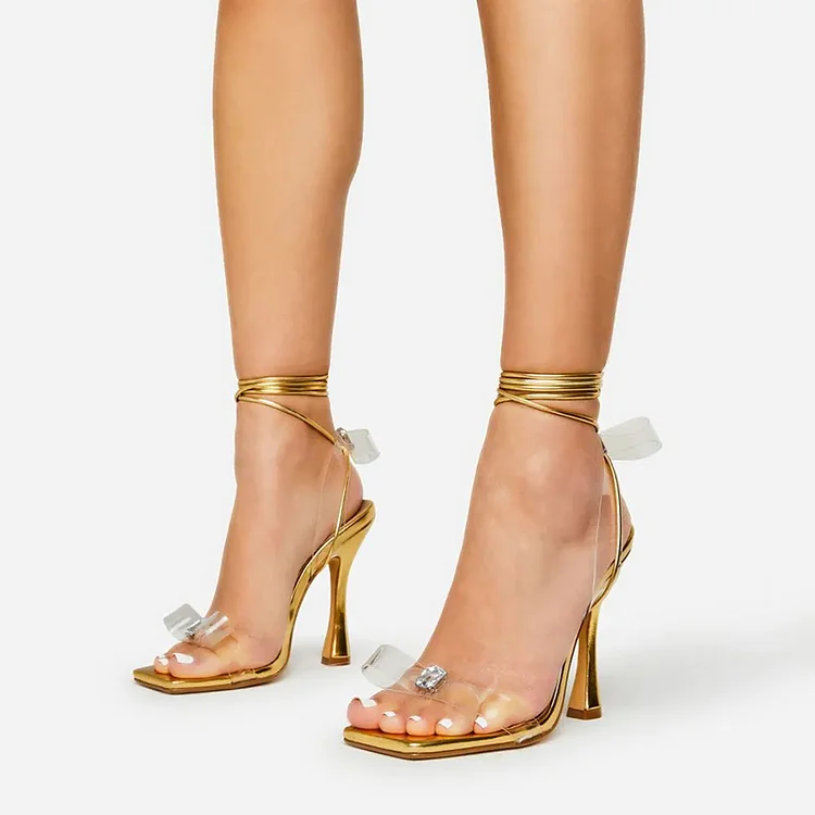 Gold Square Toe Sandals transparent Strappy Bow Heels Wrap Stilettos Shoes |FSJ Shoes