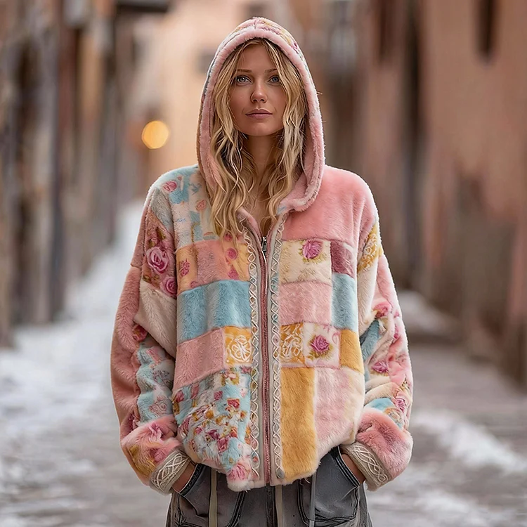 Women's Retro Celtic Knot Floral Pattern Plush Zip-up Hoodie
