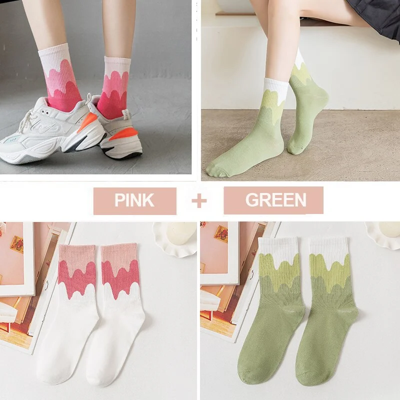 FINETOO 2Pairs/lot Women Midi Tube Socks Female Autumn Winter Candy Colors Korean Japanese Stitching Cotton Girls Graffiti Sock