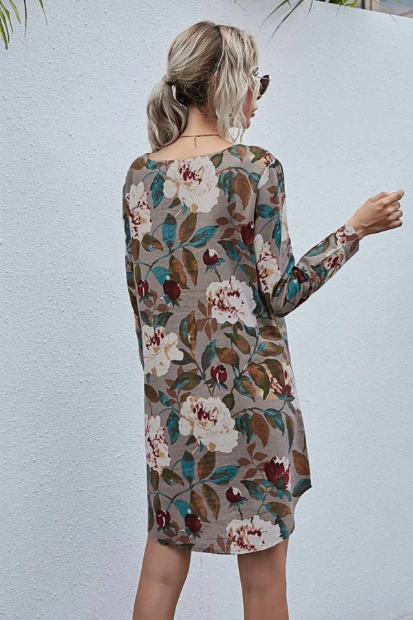 Fashion Round Neck Floral Print Shirt Dress